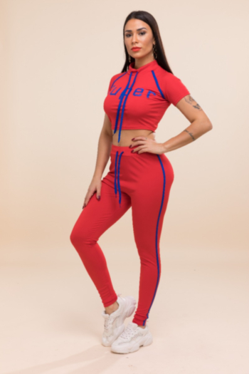 New lacing letter printing stretch slim sport two-piece sets
