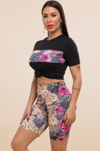 New rose printing stretch slim two-piece sets