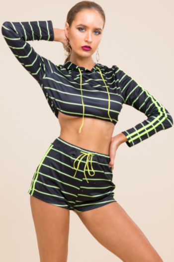 New stylish splice streak stretch hooded short tops with shorts two-piece sets