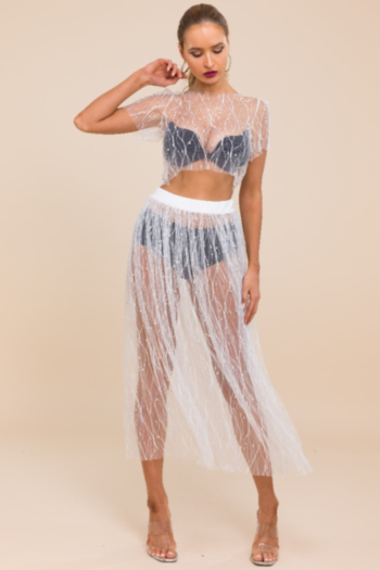 New stylish mesh see through stretch beading two-piece sets