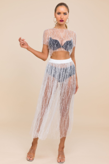 New stylish mesh see through stretch beading two-piece sets