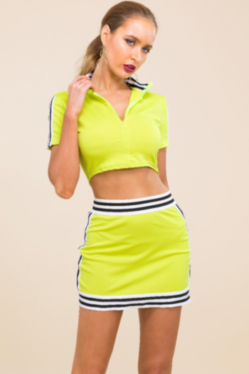 New plus size slim stretch splice zipper short tops with skirts two-piece sets