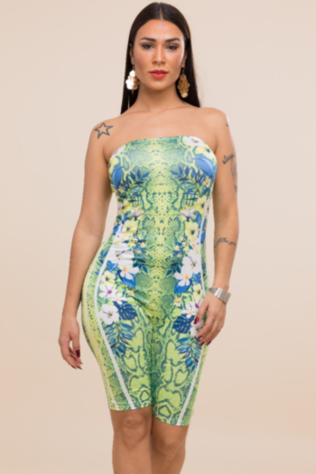 New 3 colors stretch printed strapless shoulder jumpsuit