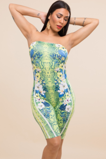 New 3 colors stretch printed strapless shoulder jumpsuit