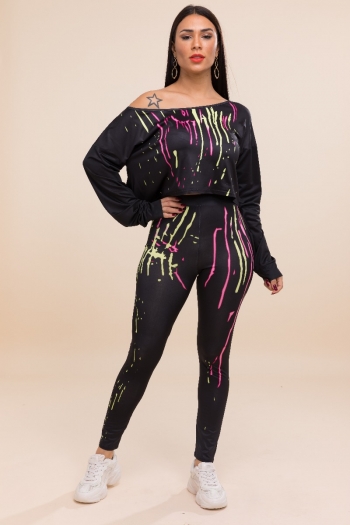 New 3 colors stretch printing loose tops with slim pants two-piece sets
