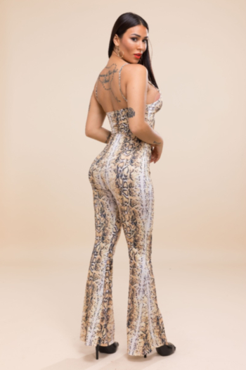 New sexy sling v collar printed open back stretch jumpsuit