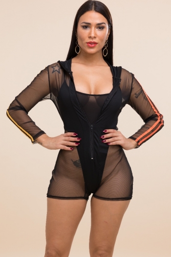 New stretch solid color bodysuit hooded mesh jumpsuit two-piece sets