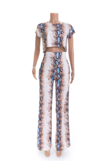 New snake printed slim short tops wide leg pants stretch two-piece sets