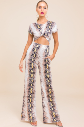 New snake printed slim short tops wide leg pants stretch two-piece sets