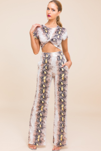 New snake printed slim short tops wide leg pants stretch two-piece sets