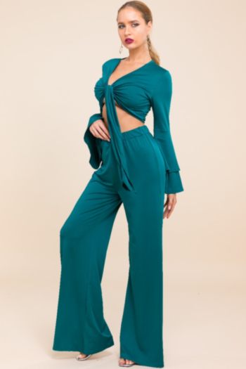 New solid color sexy v collar lacing wide leg two-piece sets