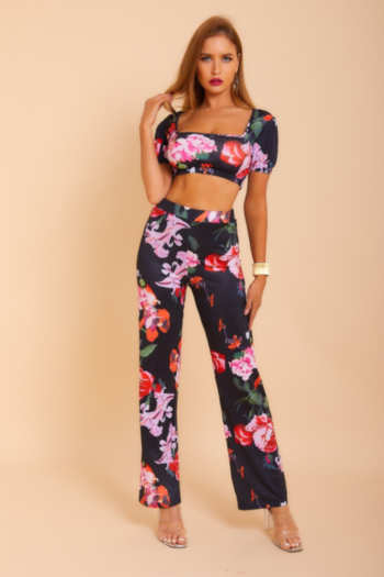 New plus size flower printed stretch short tops wide leg pants two-piece set