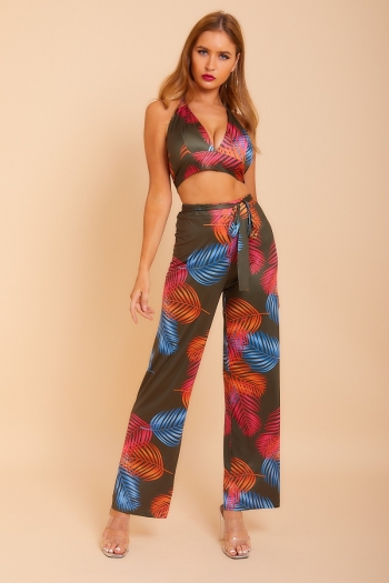 printed stretch lacing un-padded short tops wide leg pants two-piece set(with belt)