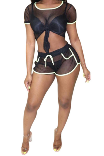 3 Colors plus size mesh see through stretch lacing two-piece sets
