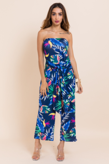 New plus size printed stretch lacing wide leg jumpsuit