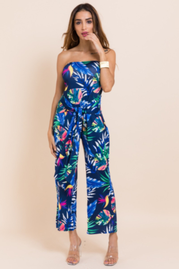 New plus size printed stretch lacing wide leg jumpsuit