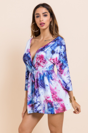 New sexy deep v collar stretch tie-dye printed lacing loose jumpsuit