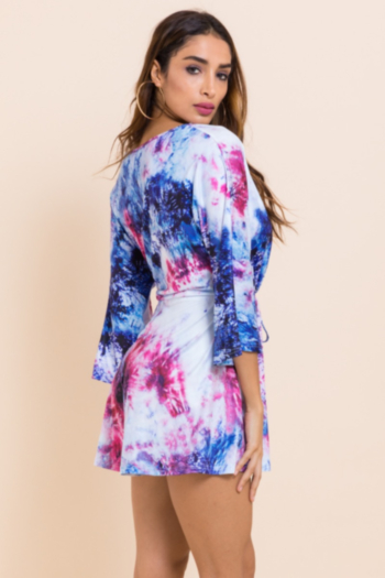 New sexy deep v collar stretch tie-dye printed lacing loose jumpsuit