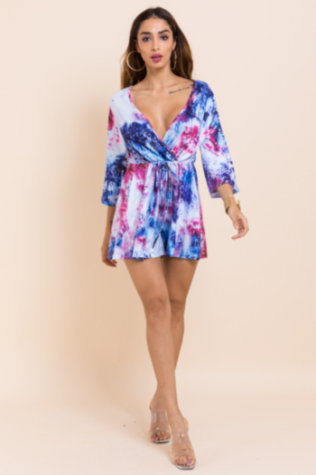 New sexy deep v collar stretch tie-dye printed lacing loose jumpsuit
