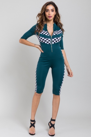 New plus size slim stretch zipper plaid printed splice jumpsuit