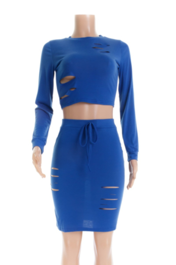 New stylish shredded slim solid color stretch two-piece sets