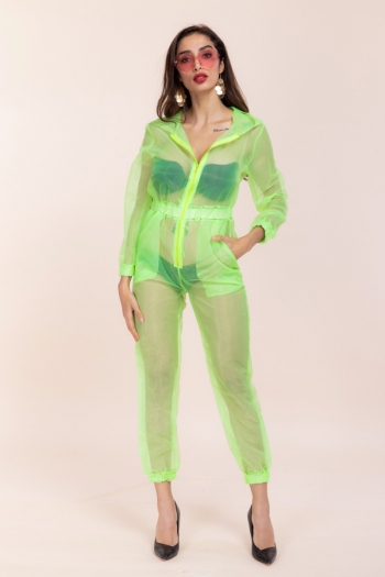 new 5 colors plus size mesh see through pocket hooded inelastic jumpsuit(no lining)