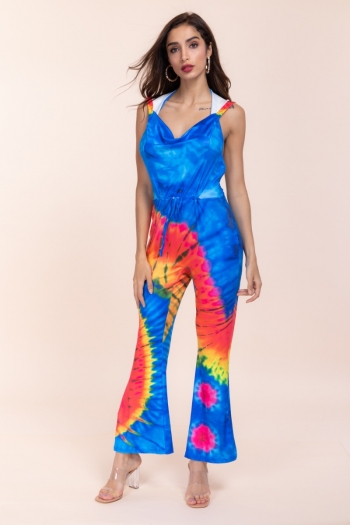 new printed hooded open back stretch jumpsuit