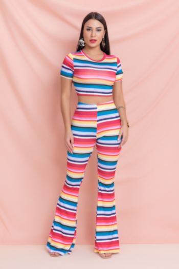 new plus size multicolor streak batch printed bell-bottoms stretch two-piece set