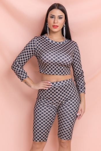 new print long sleeve short tops with slim shorts stretch two-piece set