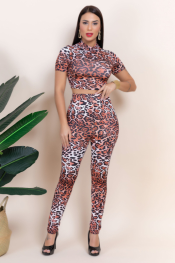new stylish leopard print slim stretch two-piece set