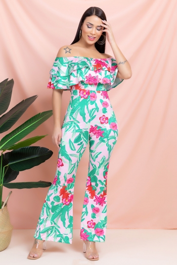 new three colors plus size strapless floral batch printed ruffle stretch jumpsuits
