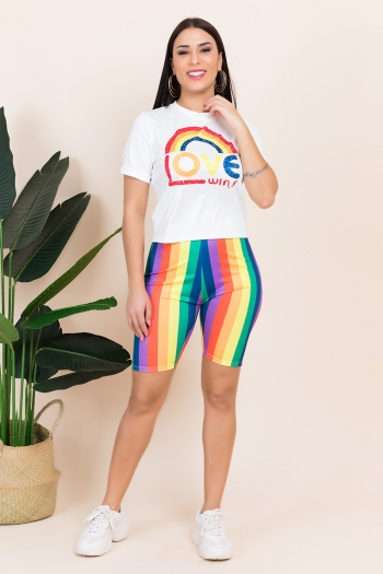 new stylish letter rainbow print t-shirts stripe batch printed shorts stretch two-piece set
