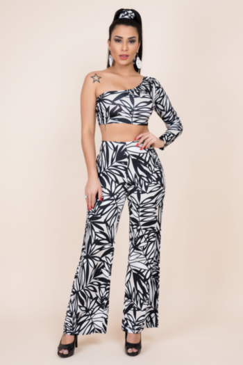 autumn new stylish batch printed slim stretch one shoulder two-piece set(with hair band)