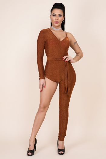 autumn new three colors stylish night club one shoulder slim stretch jumpsuit(with belt)