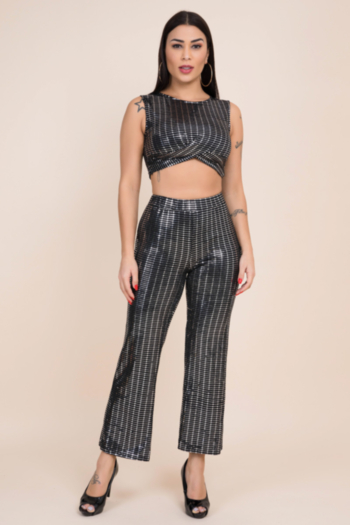 new stylish sleeveless slim micro-elastic sequins high waist two-piece set