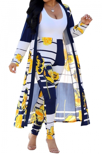 plus size new stylish stripe and floral batch printed cardigan slim pants stretch two-piece set