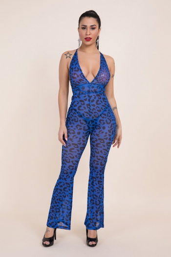 three colors new stylish sexy mesh see through backless laced leopard stretch jumpsuit(no lining)