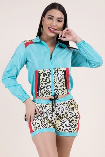plus size five colors stylish leopard splice zip-up pockets inelastic fabrics two-piece set