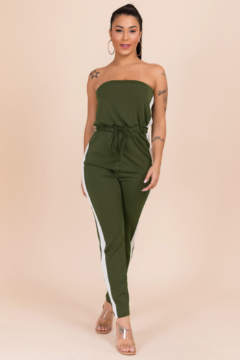 new stylish splice strapless laced bow slim fit stretch jumpsuit