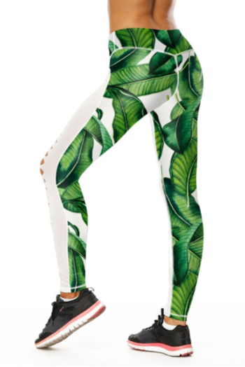 Sexy Green Leaf Digital Printing High Waist Yoga Women's Hollow Leggings