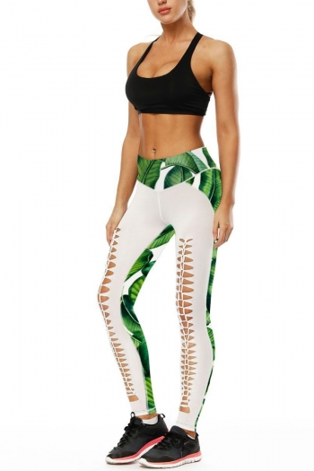 Sexy Green Leaf Digital Printing High Waist Yoga Women's Hollow Leggings