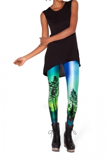 new blue and green gradient printed slim leggings