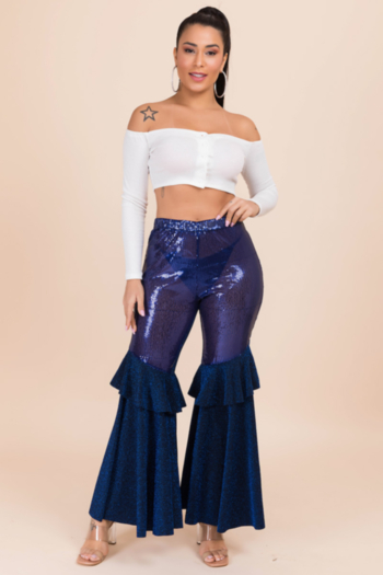 plus size new stylish sequins splice ruffle see through slim fit stretch bell-bottoms(no lining)
