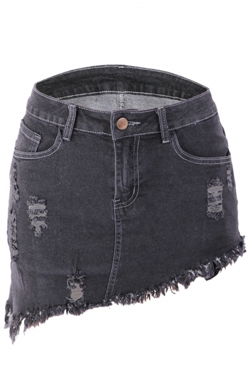 plus size new stylish irregular pocket tassel hole slim fit high stretch mini denim skirt
