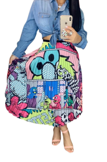 plus size summer fashion elegant cartoon pleated skirt