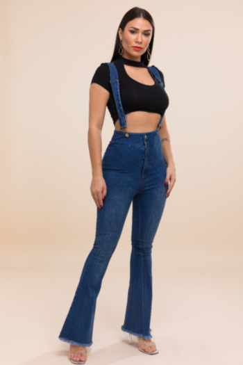 Plus size youth fashion style dark blue stretch High-rise strap horn jeans