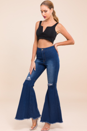 Plus size stylish trend dark blue trumpet-cut jeans