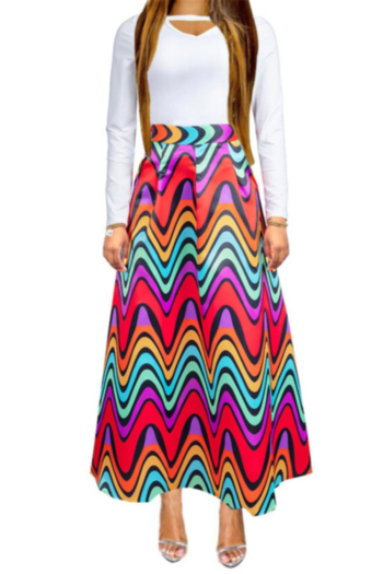 autumn new plus size colorful wave current print stylish long skirt