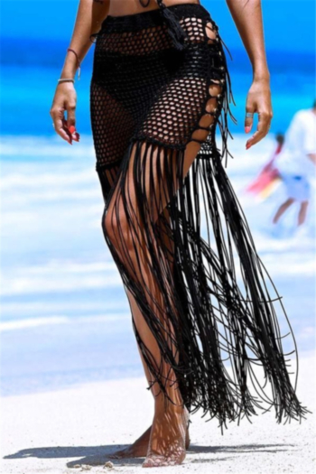 summer new solid color see through crochet tassels sexy skirt