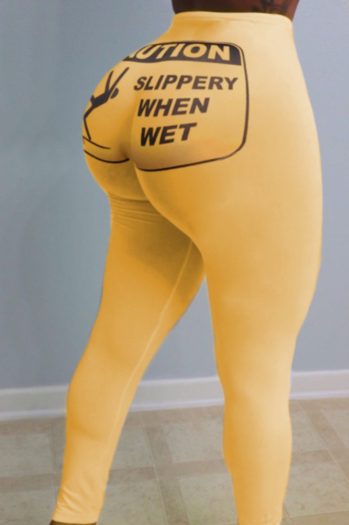 new plus size yellow digital print stretch yoga sports leggings